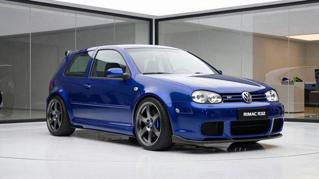 Carro esportivo Volkswagen Golf azul estacionado em ambiente interno moderno com parede de vidro.