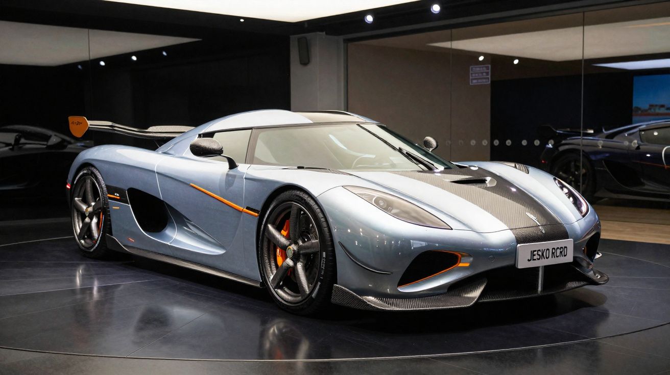 Carro esportivo Koenigsegg Jesko R com detalhes em fibra de carbono exibido em showroom moderno.