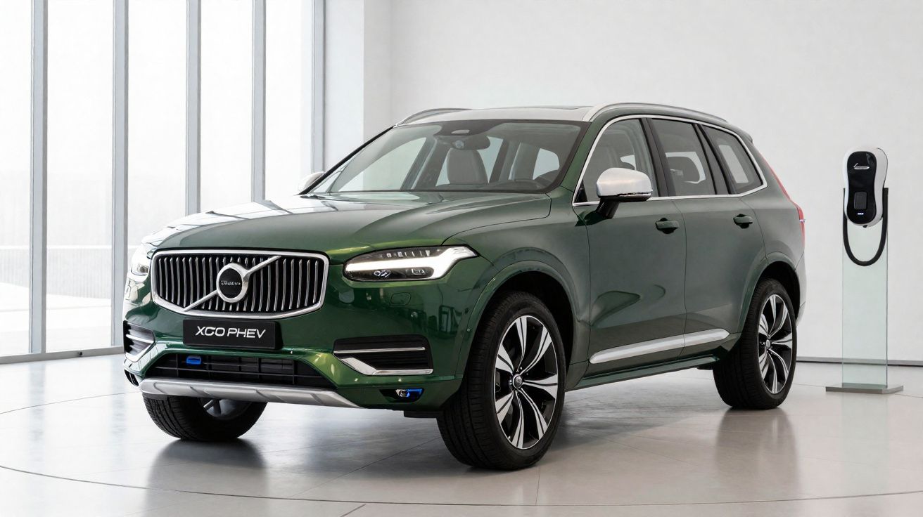 SUV verde Volvo XC90 PHEV estacionado em ambiente interno próximo a um carregador elétrico.