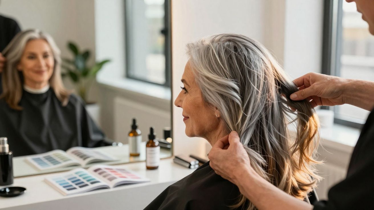 Mulher grisalha sorrindo enquanto cabeleireiro ajeita seu cabelo em salão iluminado.