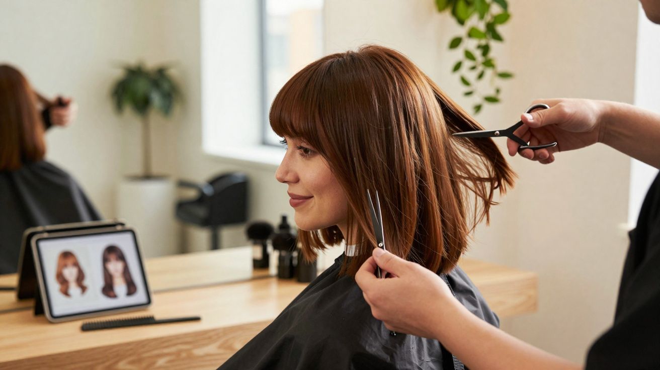 Mulher sorrindo enquanto recebe corte de cabelo em salão moderno com tablet mostrando estilos na mesa.