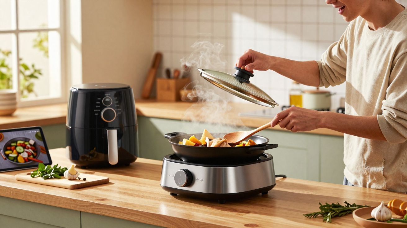 Pessoa cozinhando legumes em panela elétrica sobre bancada de madeira em cozinha moderna.