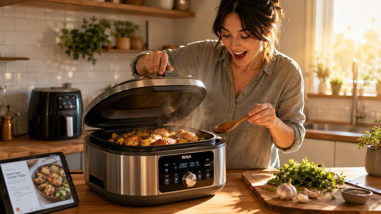Mulher surpreendida abrindo panela elétrica com frango e legumes na cozinha iluminada pelo sol.