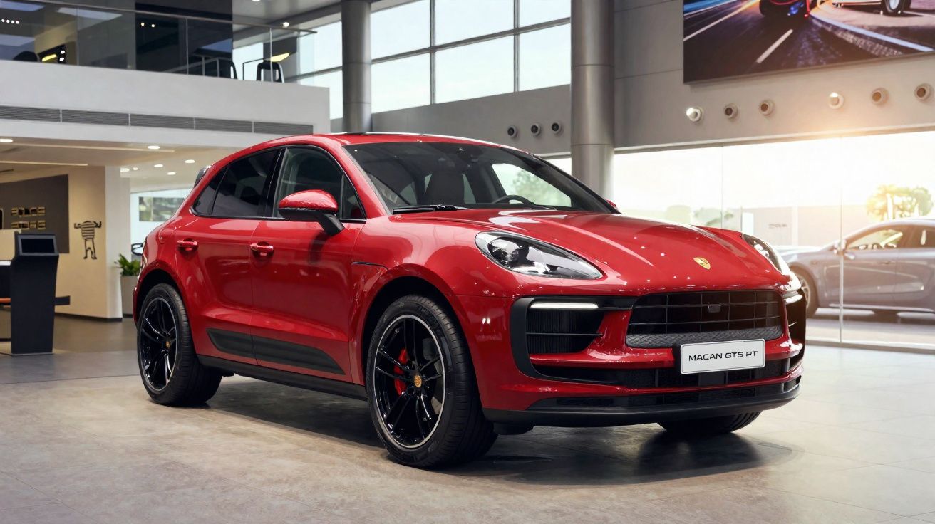 Carro SUV esportivo vermelho Porsche Macan GTS PT em showroom moderno com piso cinza e janelas grandes.