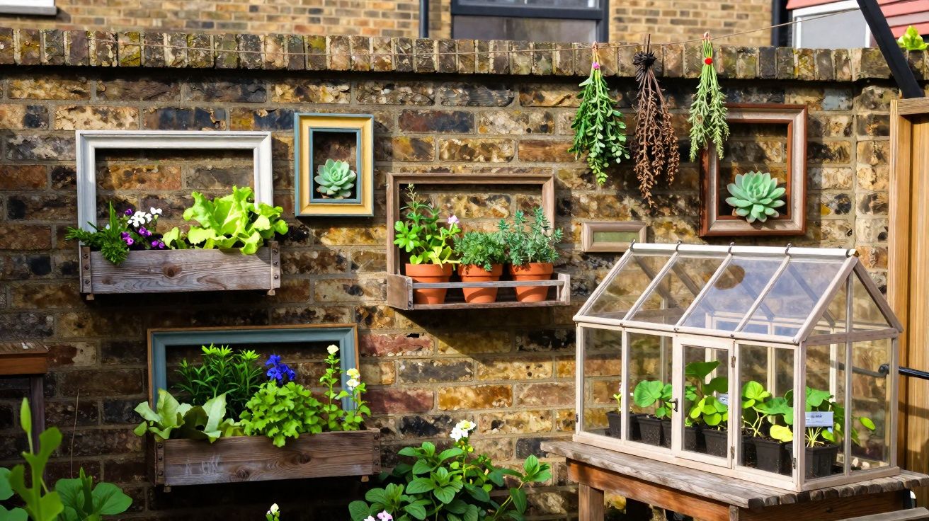 Jardim vertical com plantas em vasos, floreiras de madeira e mini estufa contra parede de tijolos.