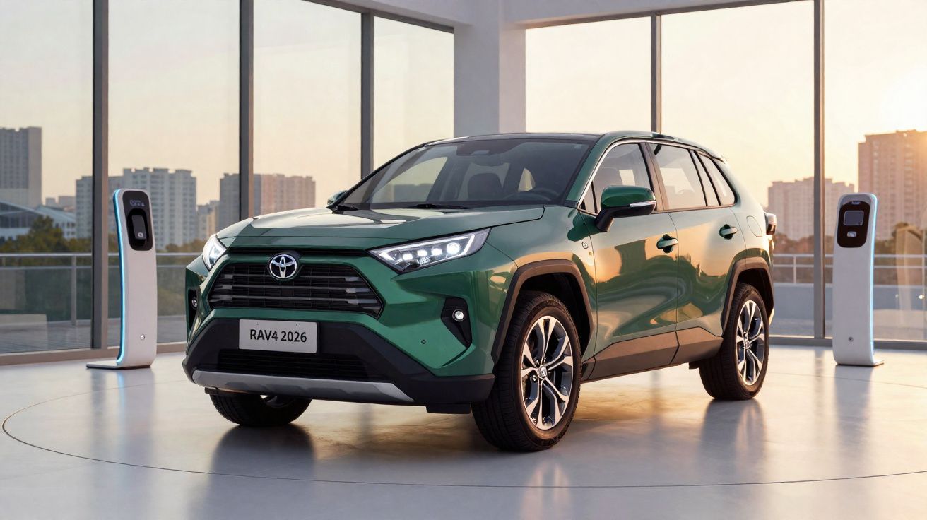 SUV Toyota RAV4 2026 verde em exposição interna com postes de carregamento ao redor.