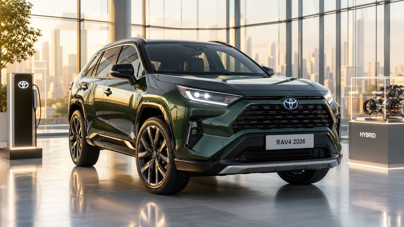 SUV Toyota RAV4 2026 verde escuro em showroom moderno com estação de carregamento elétrico e motor híbrido.