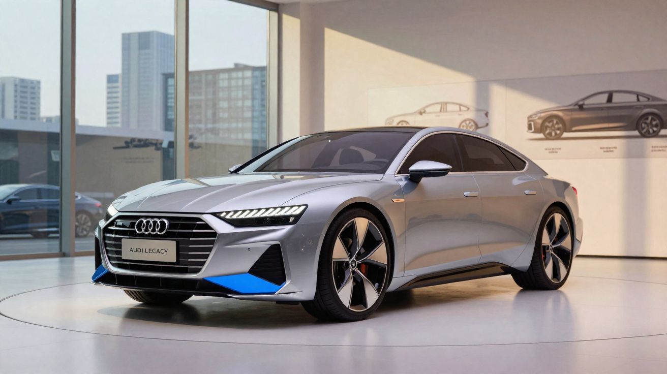 Carro Audi Legacy cinza com detalhes azuis exibido em salão moderno com grandes janelas.