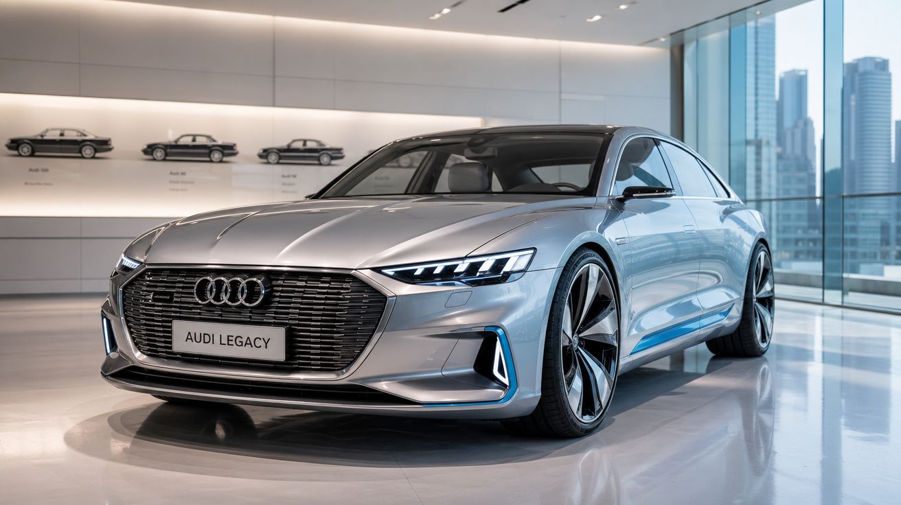 Carro elétrico Audi Legacy prata com design futurista em showroom moderno com janelas amplas.
