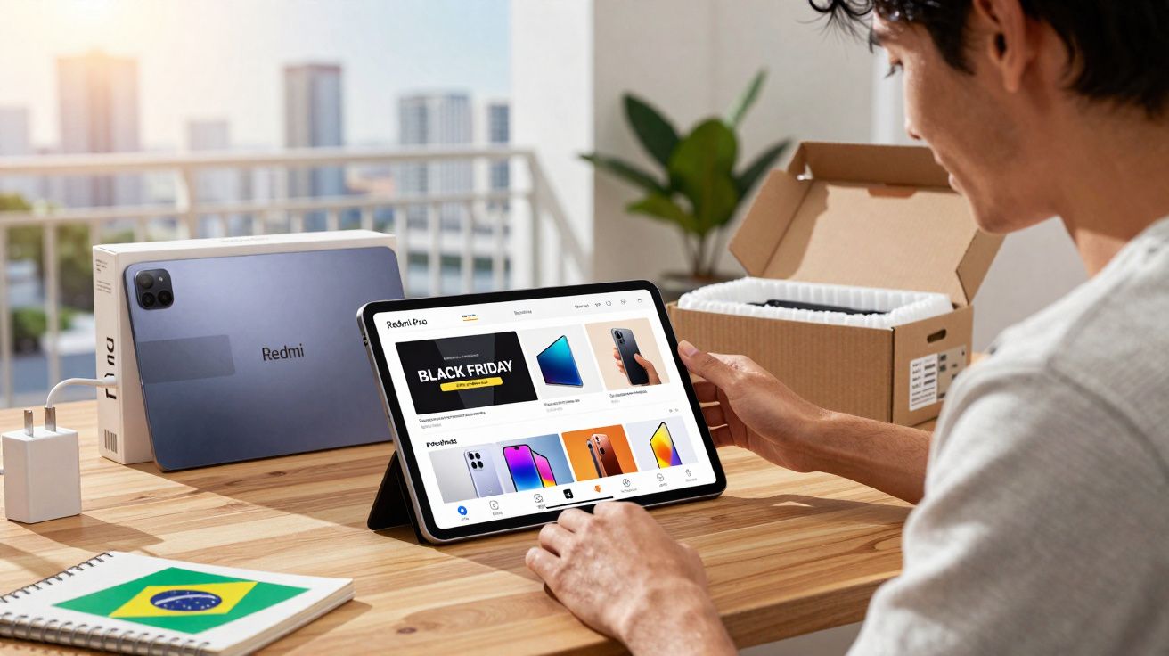 Pessoa navegando em site de compras no tablet, com caixa e celular Redmi sobre a mesa.
