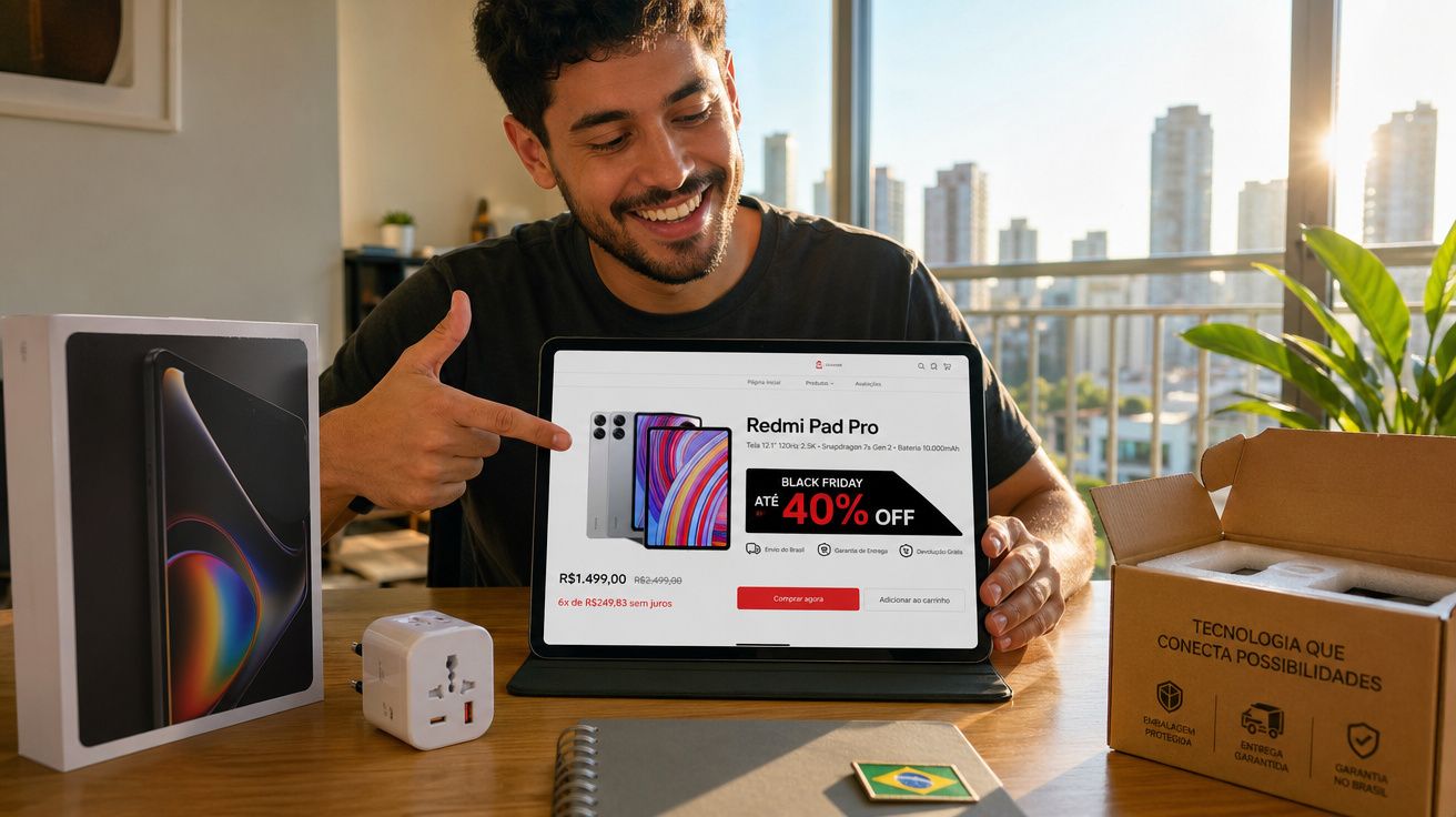 Homem sorridente mostrando tablet com promoção de Redmi Pad Pro na tela em ambiente com vista urbana.