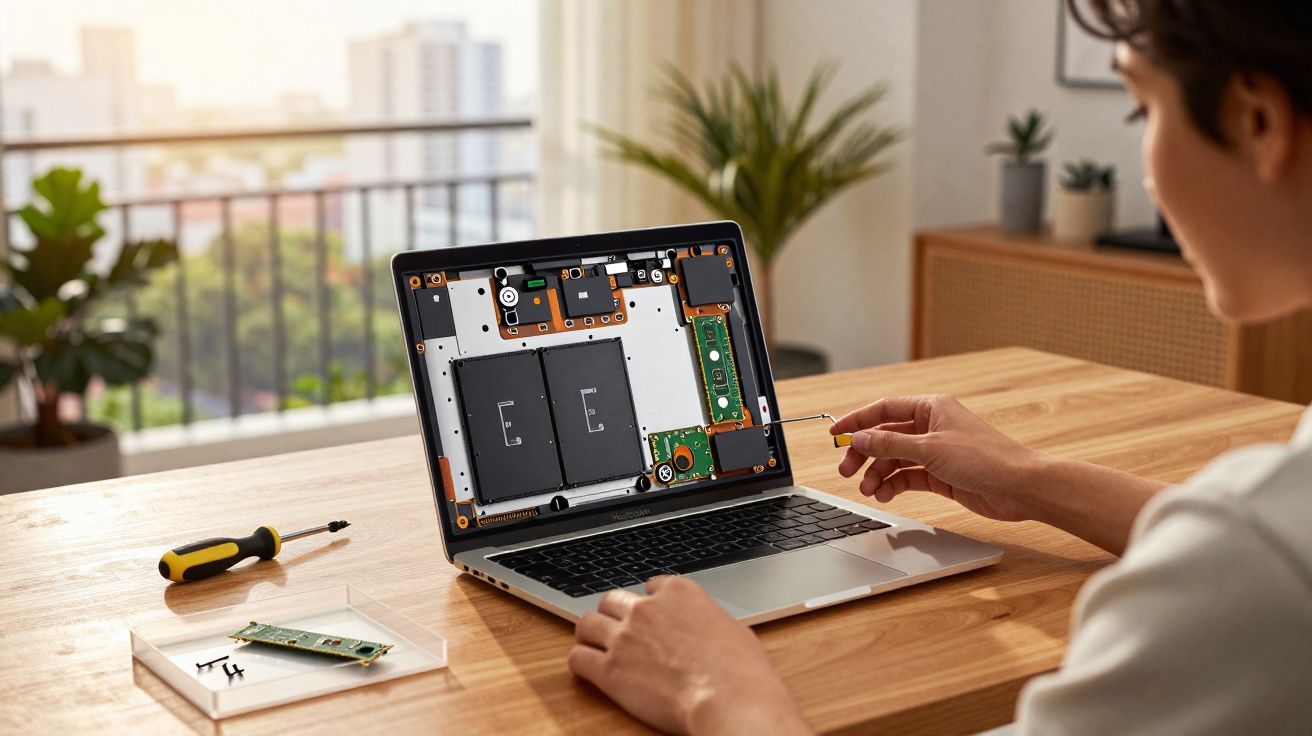 Pessoa desmontando laptop com uma chave de fenda em mesa de madeira clara, ambiente iluminado.