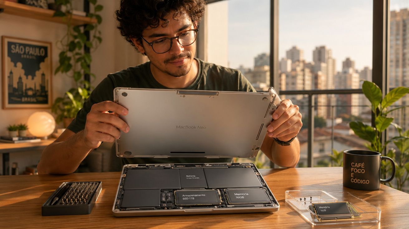 Homem de óculos abre MacBook para trocar peça, ambiente interno com janela e caneca ao lado com frase.