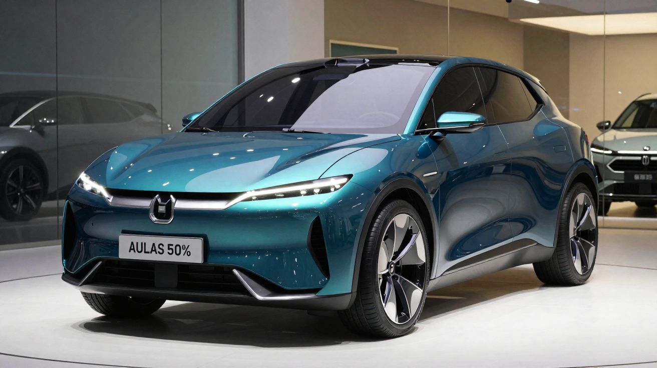 Carro elétrico SUV azul metálico exibido em showroom moderno com iluminação suave e vidro ao fundo.