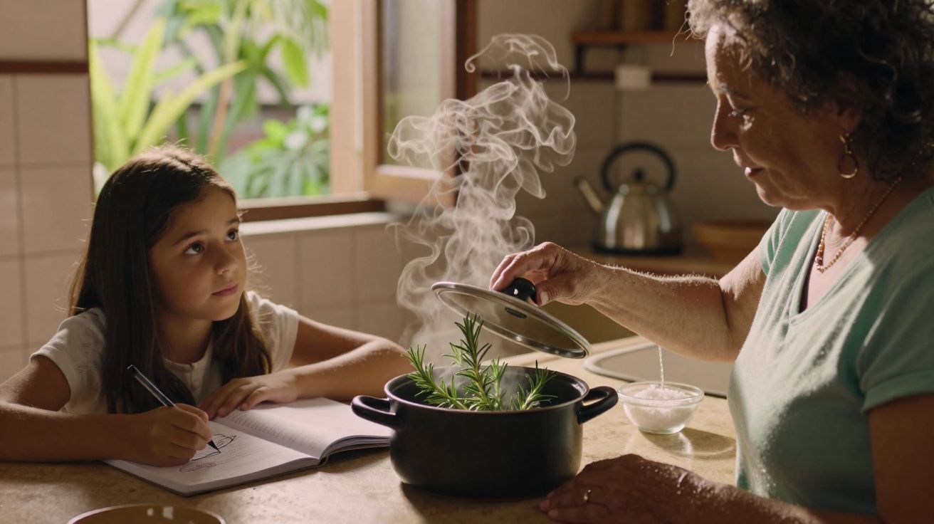 Garota observando idosa mexendo panela com ervas e fumaça na cozinha iluminada por janela aberta.