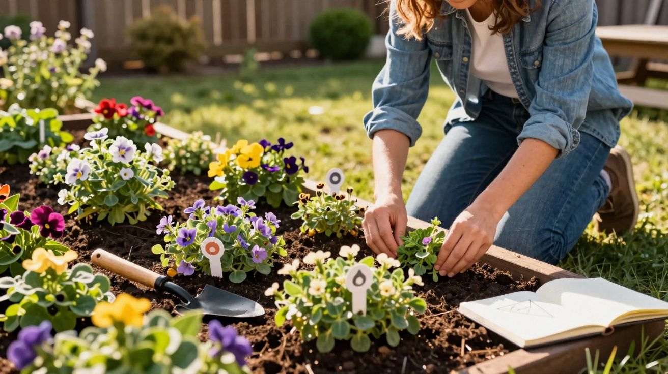Pessoa cuidando de flores coloridas em canteiro elevado de jardim com livro aberto ao lado.