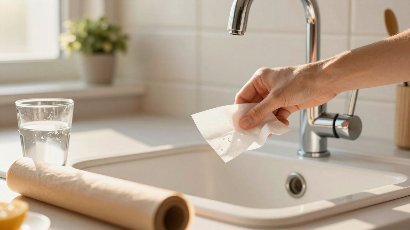 Pessoa limpando a pia da cozinha com papel toalha úmido ao lado de um copo d'água.