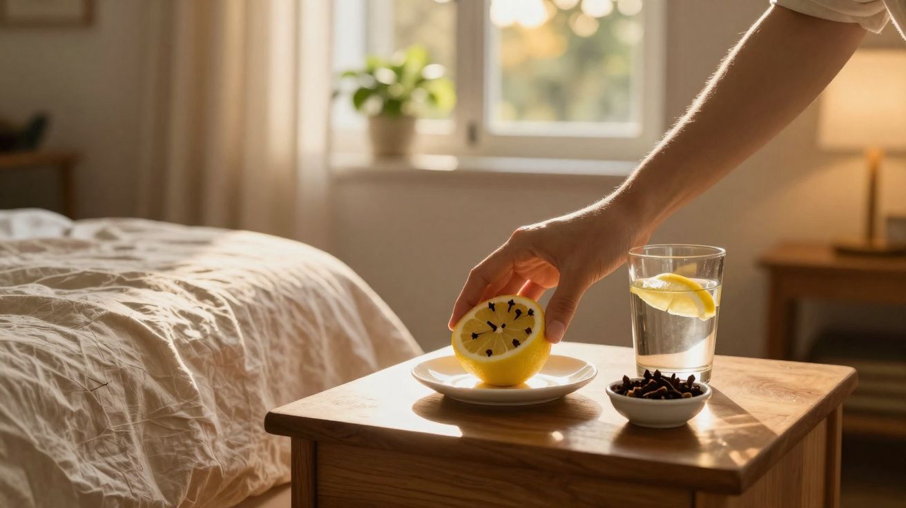 Mão segurando meio limão com cravos em prato sobre mesa de cabeceira ao lado de copo com água e limão.