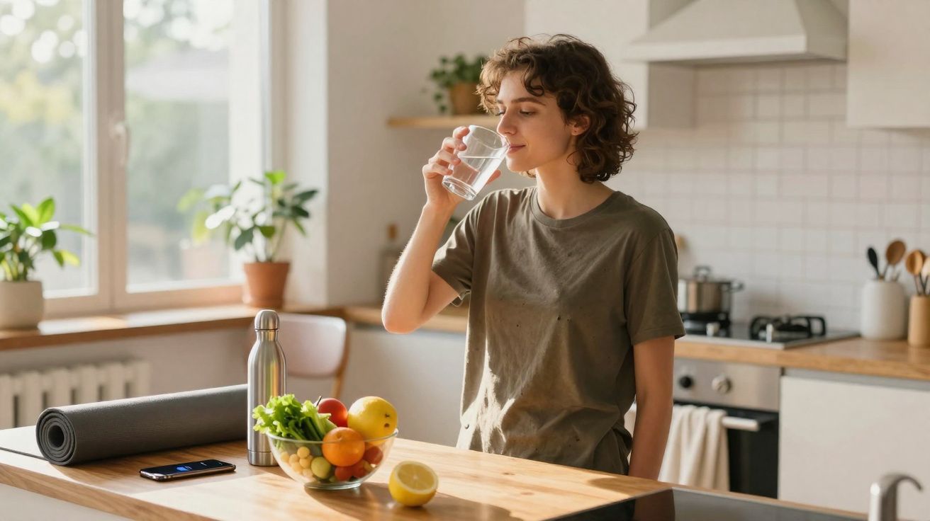 Mulher jovem bebendo água na cozinha, com frutas, garrafa e tapete de yoga na mesa.