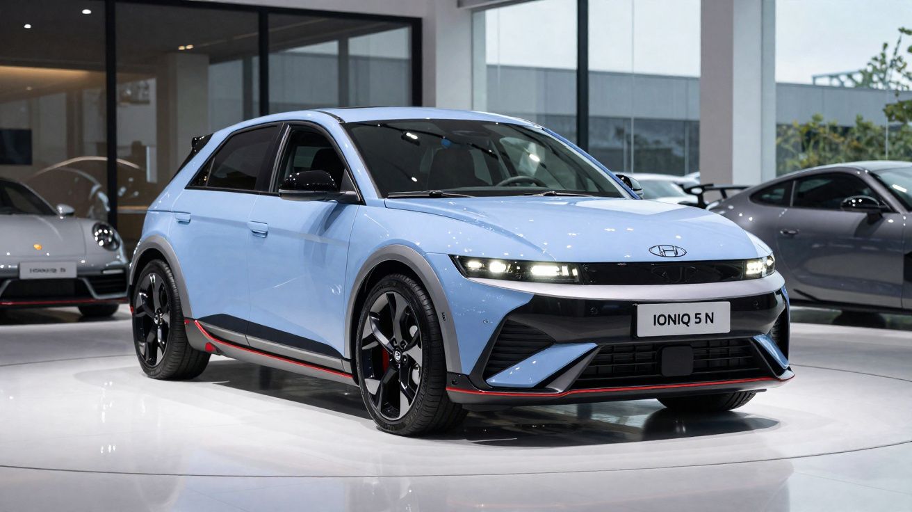 Carro elétrico Hyundai Ioniq 5 N azul claro exibido em salão automotivo moderno.