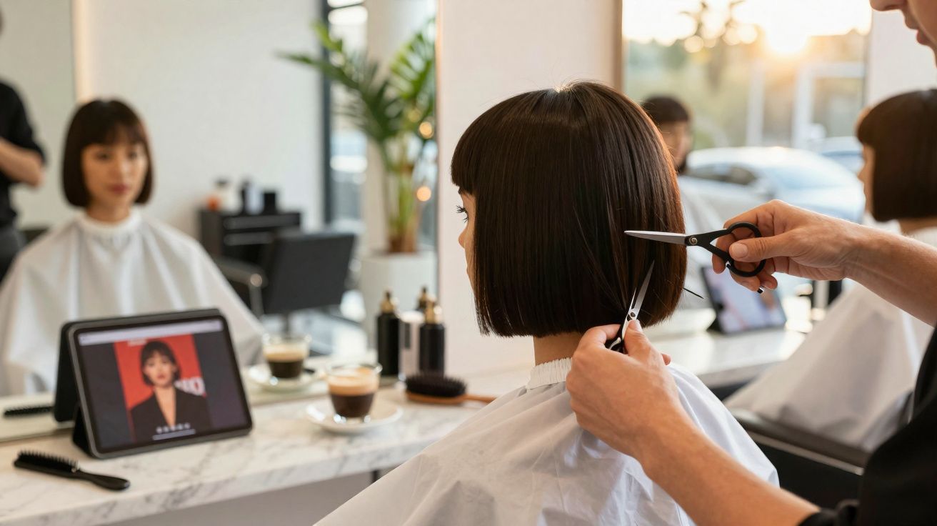 Pessoa cortando cabelo curto em salão moderno com tablet exibindo referência de corte.
