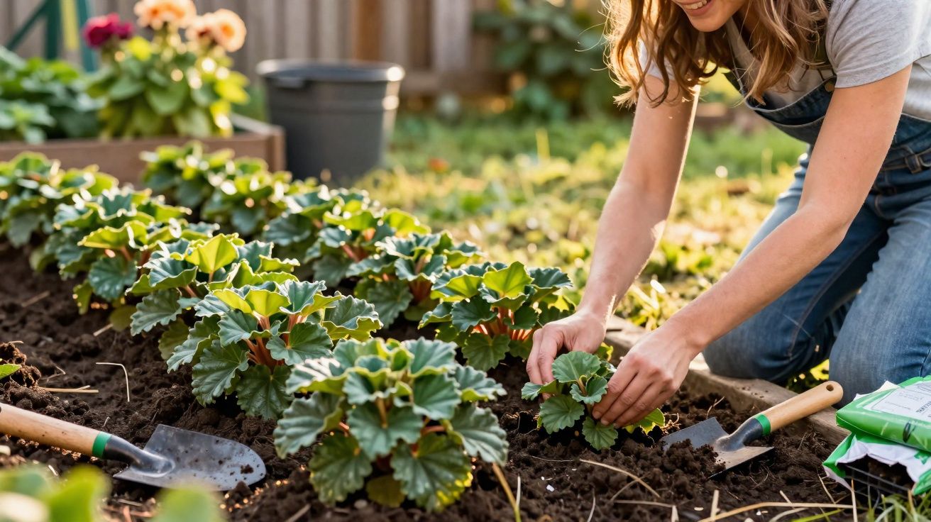 Mulher cuidando de plantas em canteiro no jardim com ferramentas de jardinagem ao redor.