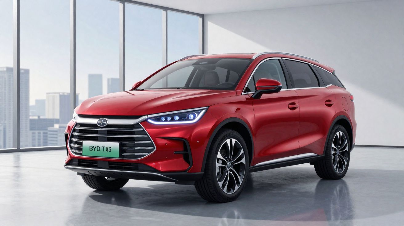 SUV vermelho BYD TAG estacionado em ambiente interno com vidro e vista urbana ao fundo.