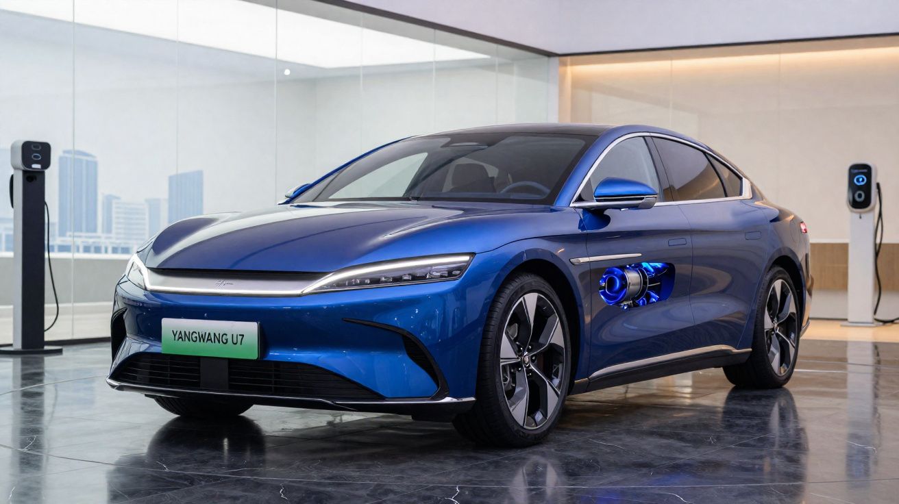 Carro elétrico azul Yangwang U7 estacionado em showroom moderno com carregadores ao fundo.