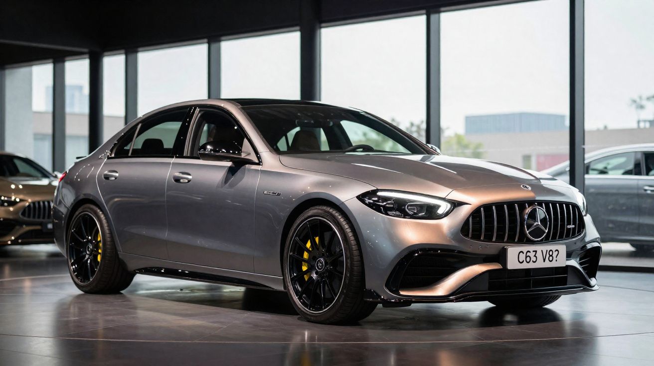 Carro esportivo Mercedes-Benz cinza estacionado em showroom com rodas pretas e detalhes amarelos nas pinças de freio.