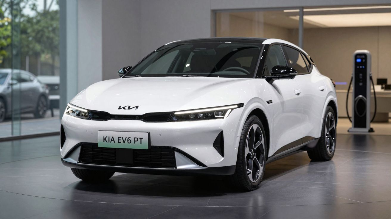 Carro elétrico branco Kia EV6 PT em exposição, com estação de recarga ao fundo.