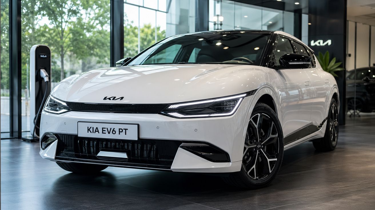 Carro elétrico branco Kia EV6 PT em showroom moderno com estação de recarga ao lado.