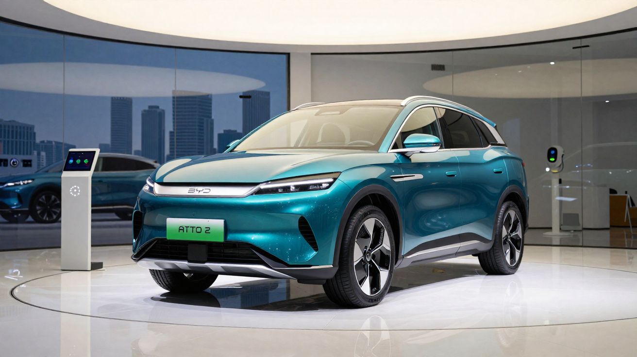 Carro elétrico azul BYD ATTO 2 exibido em showroom moderno com iluminação branca.