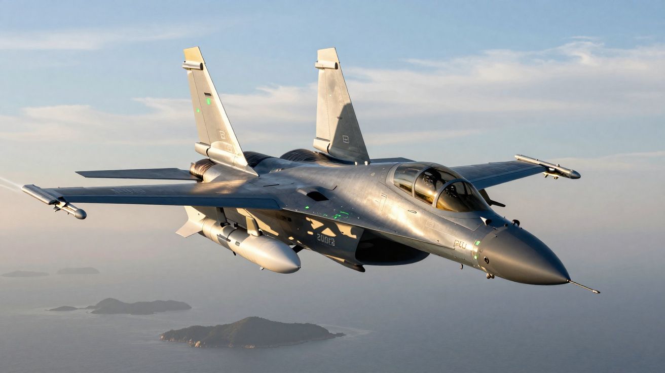 Caça militar cinza voando sobre o mar com ilhas ao fundo em céu claro.