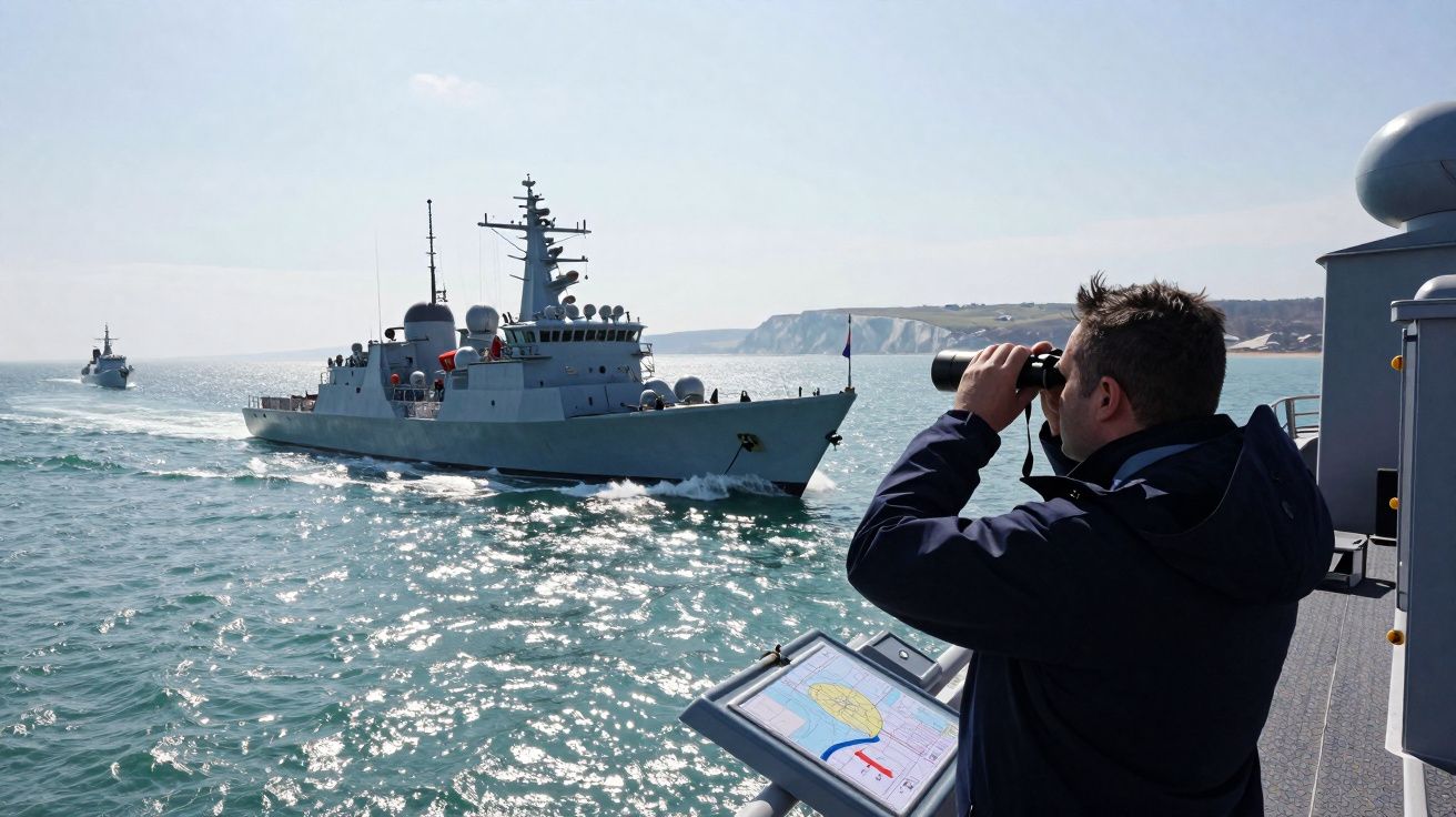 Homem usando binóculo observa navios militares navegando em mar calmo sob céu claro.
