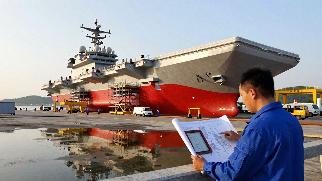 Homem analisando plantas e projetos em papel próximo a um grande navio de guerra no estaleiro naval.