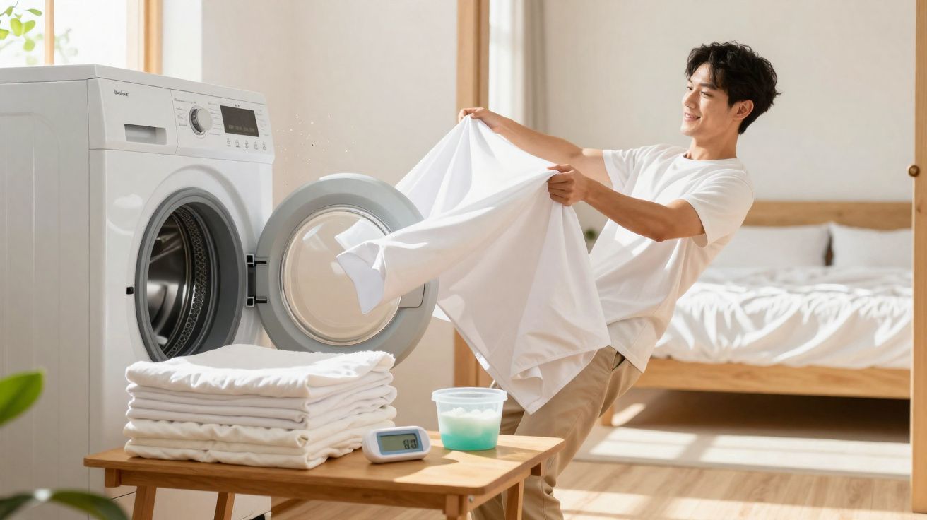 Homem sorridente retirando roupa branca de máquina de lavar com roupas dobradas e produtos na mesa ao lado.