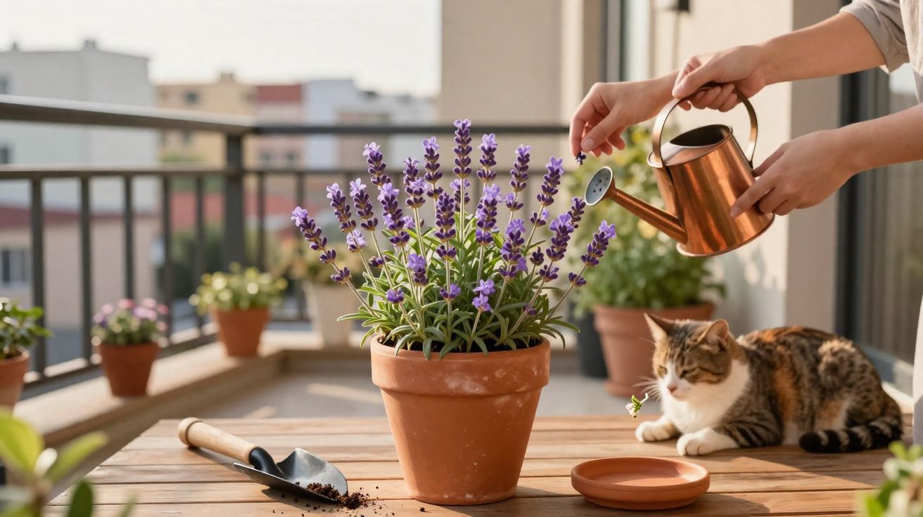 Pessoa regando planta de lavanda em vaso de barro em varanda com gato deitado próximo.