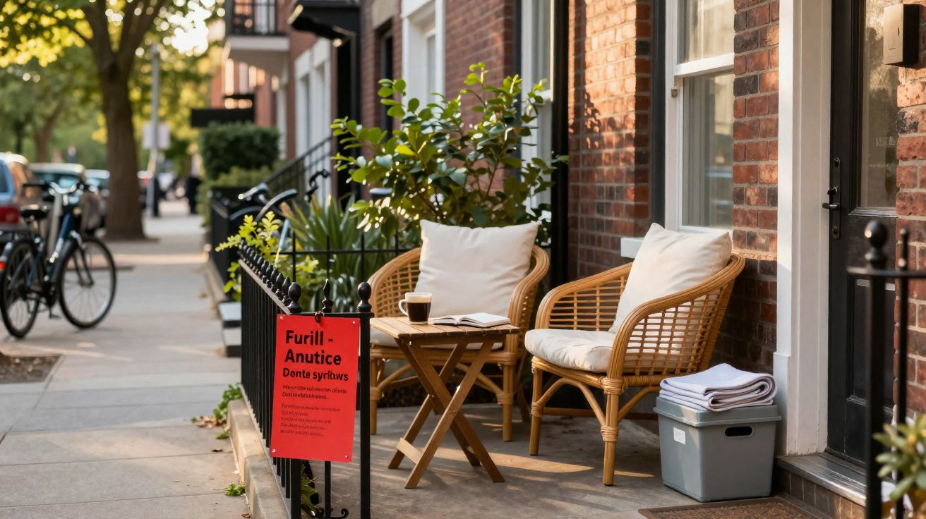 Varanda com duas cadeiras de vime, mesa com xícara e livro, próximo a uma casa de tijolos à luz do sol.