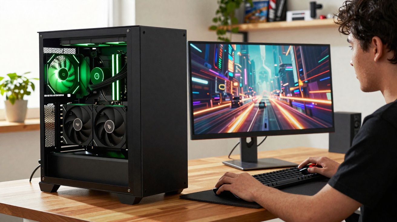 Homem jogando em computador gamer com torre preta e tela exibindo cenário futurista colorido.