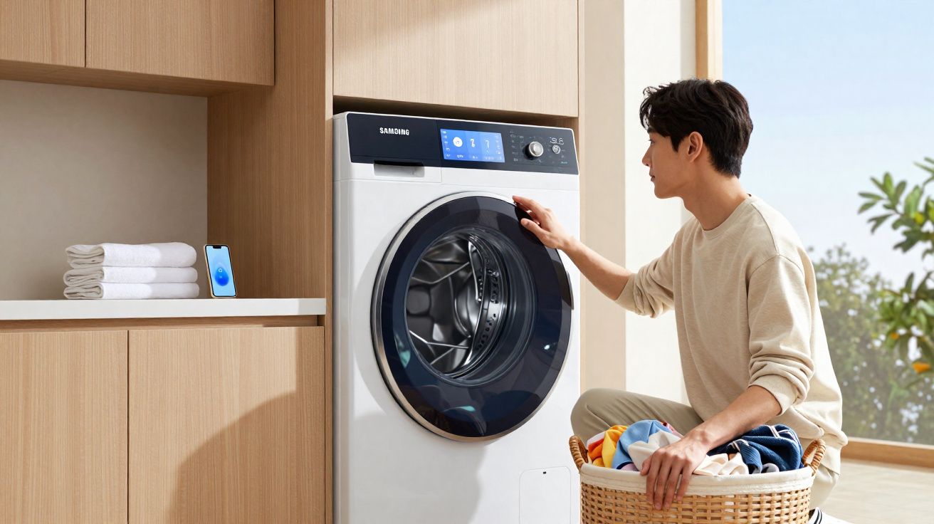 Jovem ajustando uma lavadora Samsung branca, com cesta de roupas ao lado, em lavanderia clara com armários de madeira.