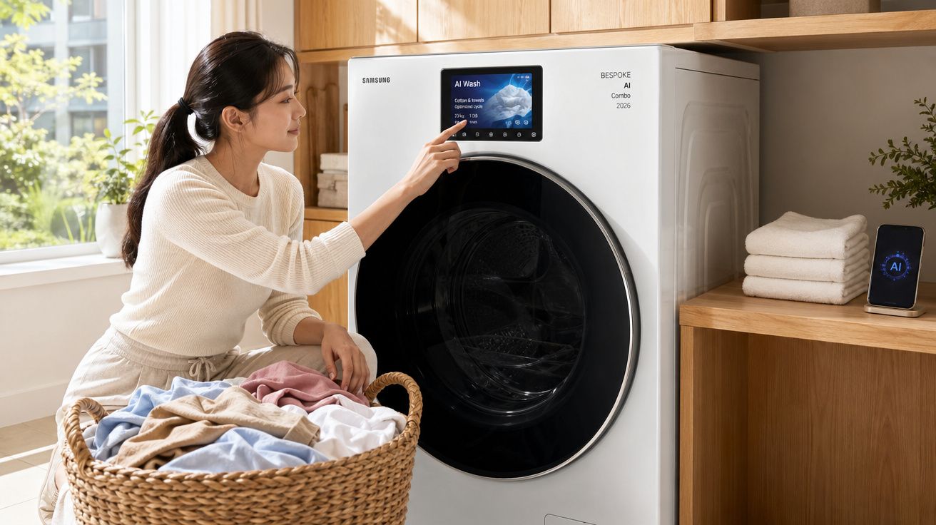 Mulher usando máquina de lavar Samsung Bespoke AI em lavanderia com cesta de roupas coloridas.