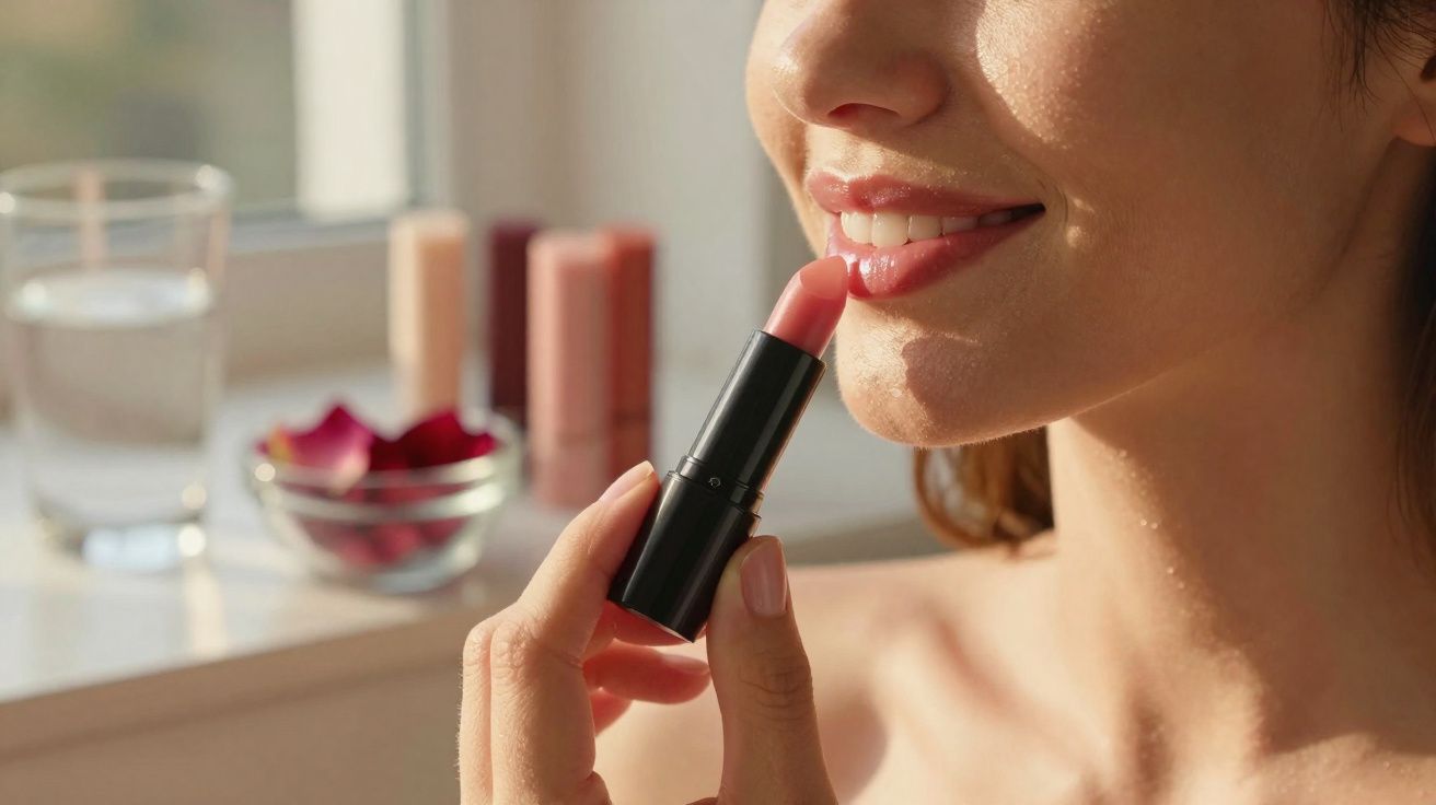 Mulher aplicando batom rosado com frascos de maquiagem e copo d'água ao fundo.