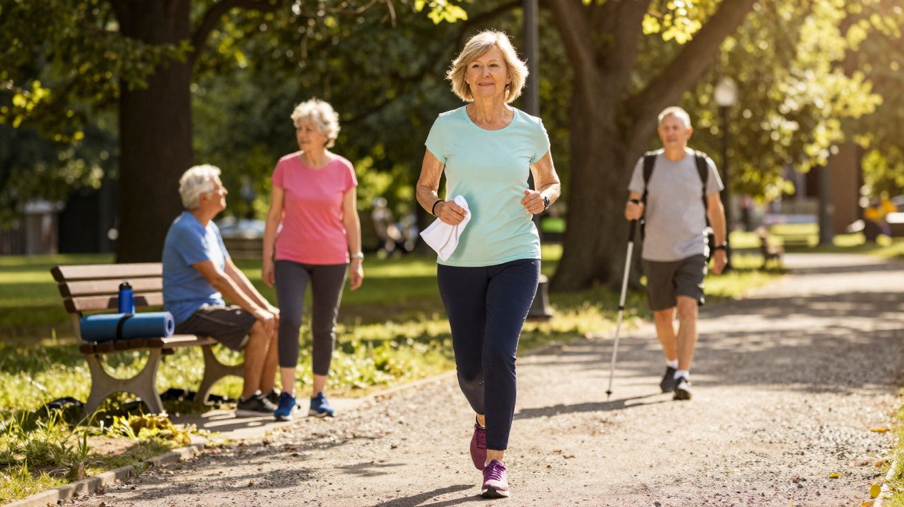 Grupo de idosos praticando exercícios ao ar livre em parque ensolarado.