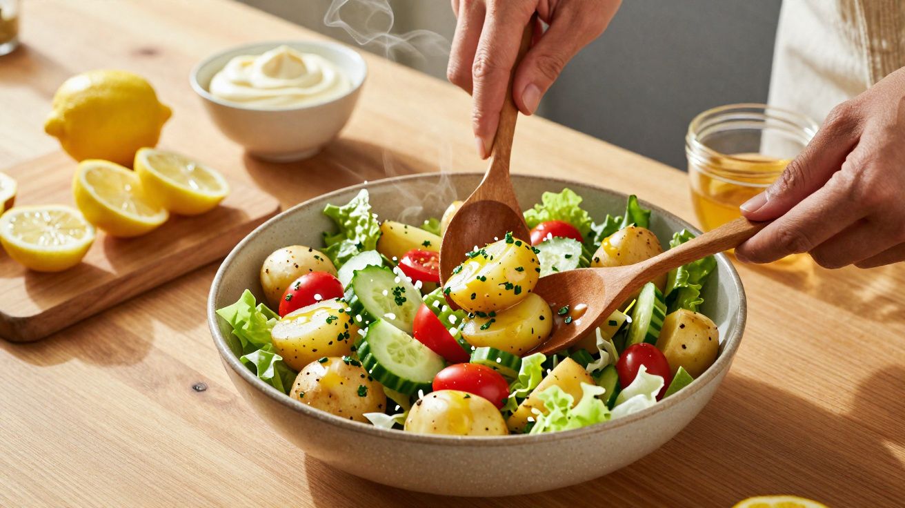 Pessoa preparando salada com batatas, pepino, tomate e folhas verdes em uma tigela na mesa de madeira.