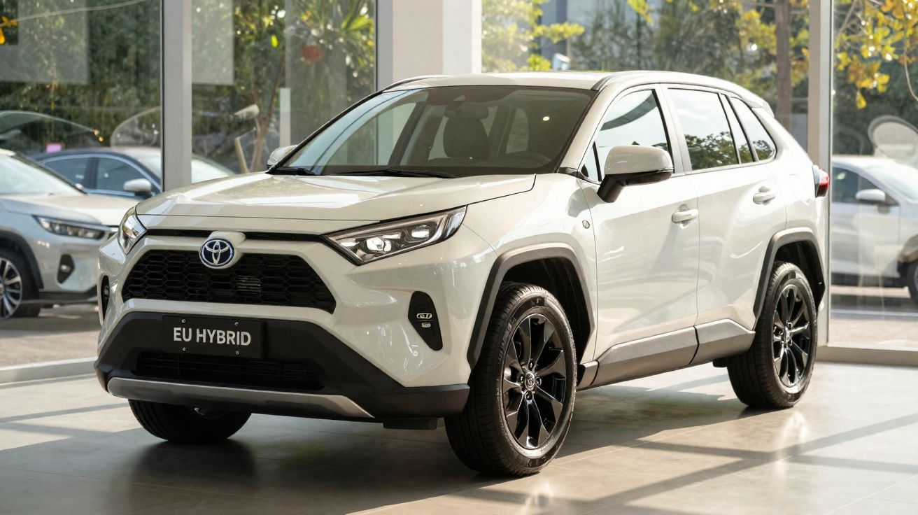 SUV branco Toyota RAV4 híbrido em exposição dentro de showroom com rodas pretas e vidros escuros.