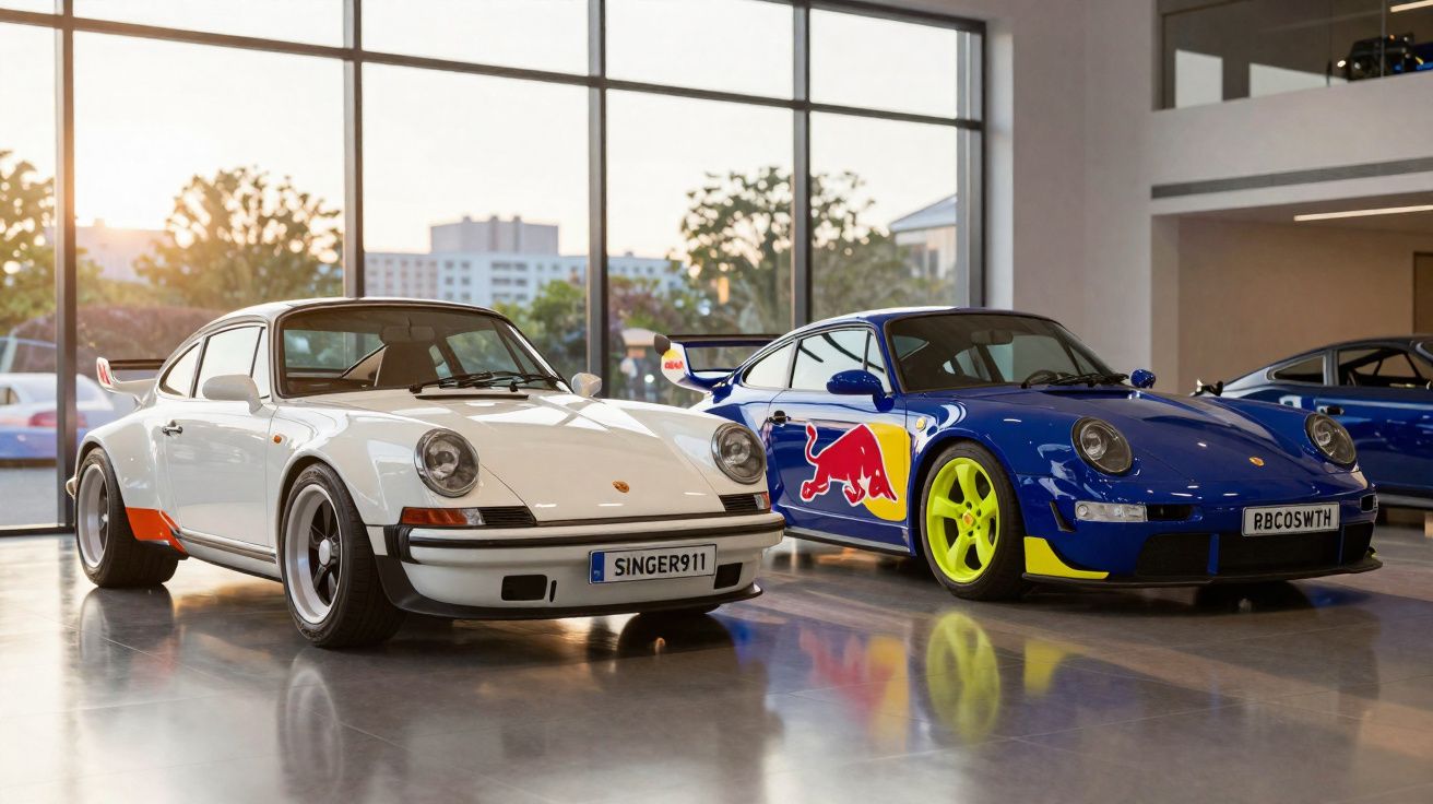 Dois carros esportivos Porsche clássicos, um branco e outro azul com detalhes amarelos e logo da Red Bull, em ambiente intern