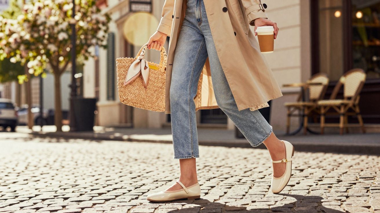 Pessoa caminhando na rua com jeans, trench coat bege, bolsa de palha e café na mão.