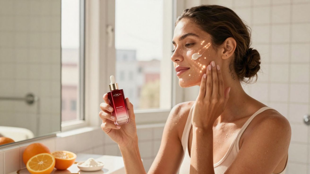Mulher aplicando sérum facial perto de janela, com laranja e produto em mesa no banheiro.