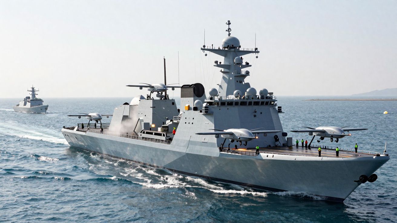 Navio militar moderno com drones de asas rotativas no convés navegando no mar calmo.