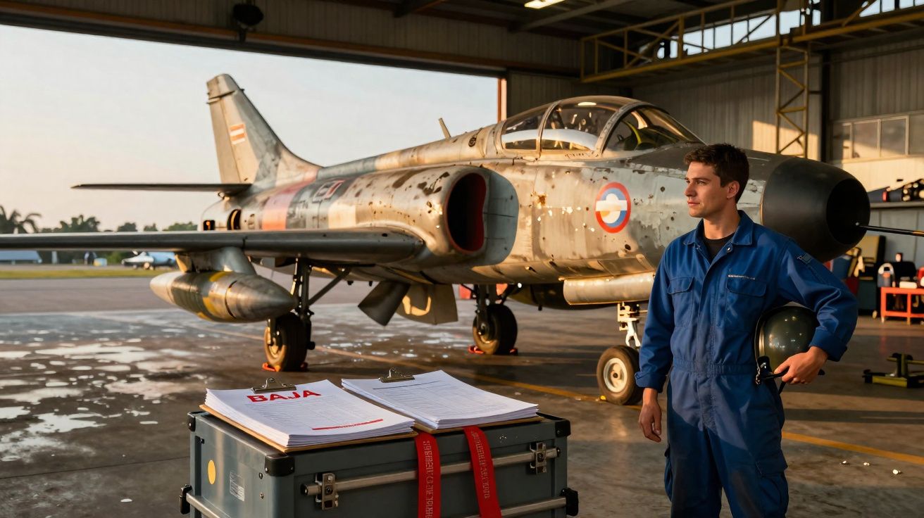 Homem em macacão azul segurando capacete ao lado de caça antigo em hangar ao entardecer.